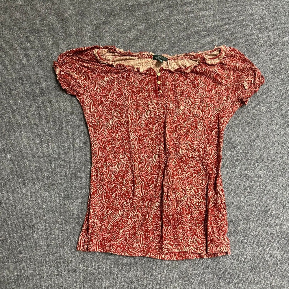 Lauren Ralph Lauren Top Womens Size L Red Paisley Cotton Ruffle Henley Shirt